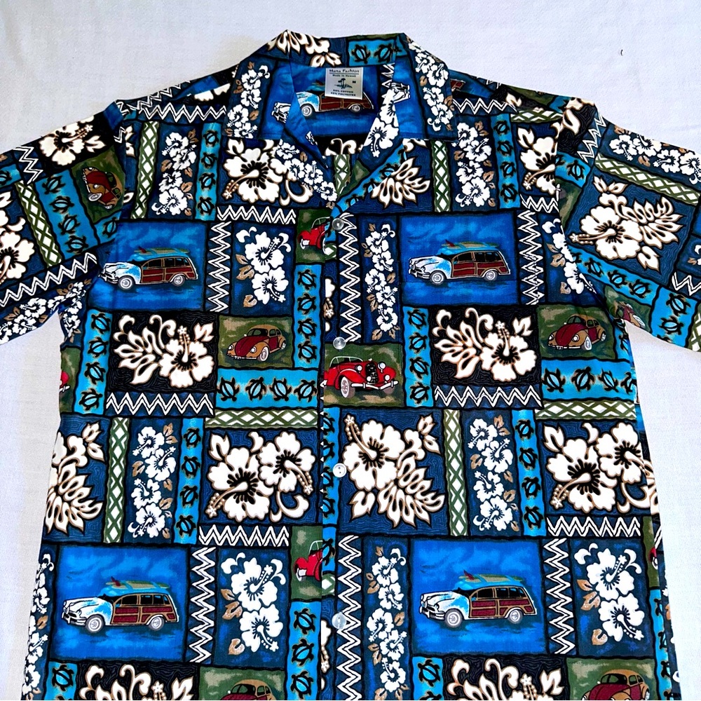 Hana fashion Luau Tropical Hawaii shirt men's M blue floral Hawaiian Retro Cars